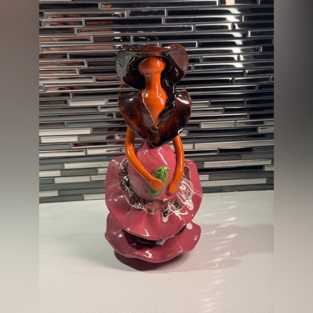 Colorful Ceramic Figurine with Pink Dress